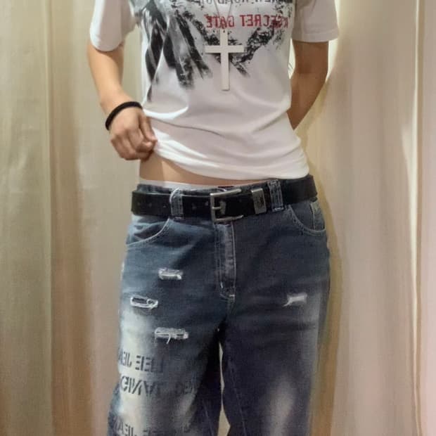 Lee 레터링 워싱 데미지 데님 팬츠