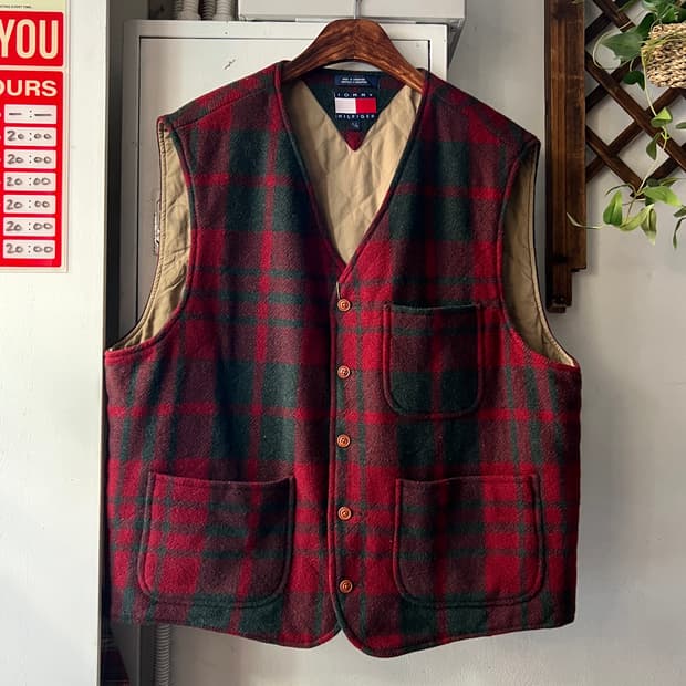 [L]90's 타미힐피거 USA 퀄팅 체크 울 베스트