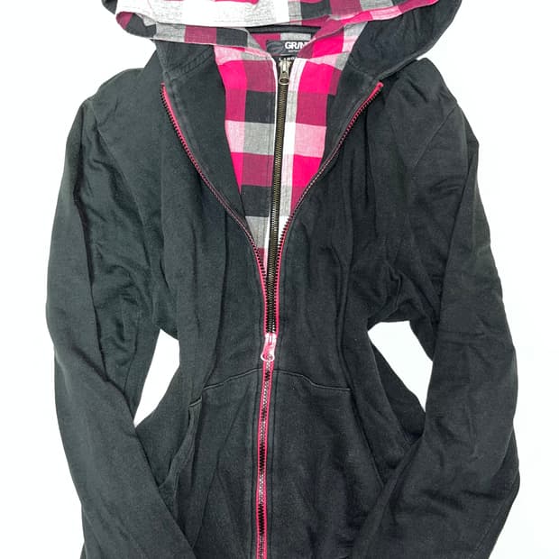 pink plaid layered zip-up