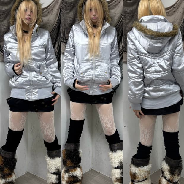 [PENDORA]2000s Mood Silver Fur Hoodie Pa