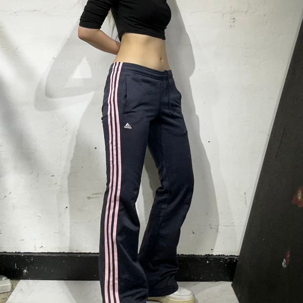  아디다스 네이비 핑크 삼선 와이드 부츠컷 추리닝 바지 트레이닝 팬츠 S