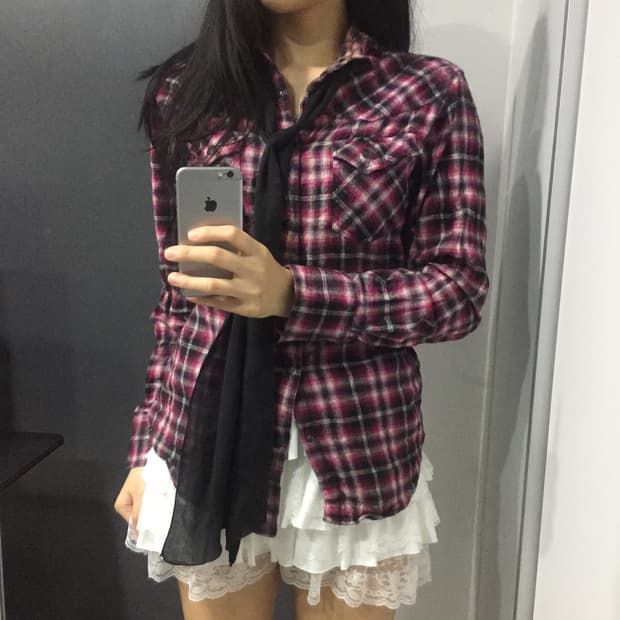 JPN 불량 갸루 체크 핑크 글리터 셔츠