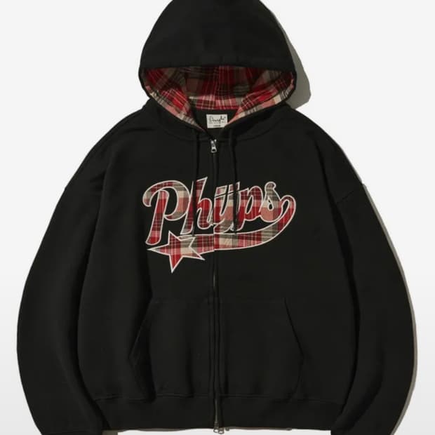 피지컬 에듀케이션 디파트먼트 체크 스타테일 엘보우 패치 후드집업 블랙 