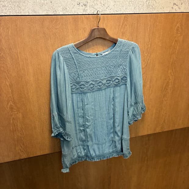 빈티지 블라우스 7부 에스닉 자수 패턴 디테일 스카이 블루 k316