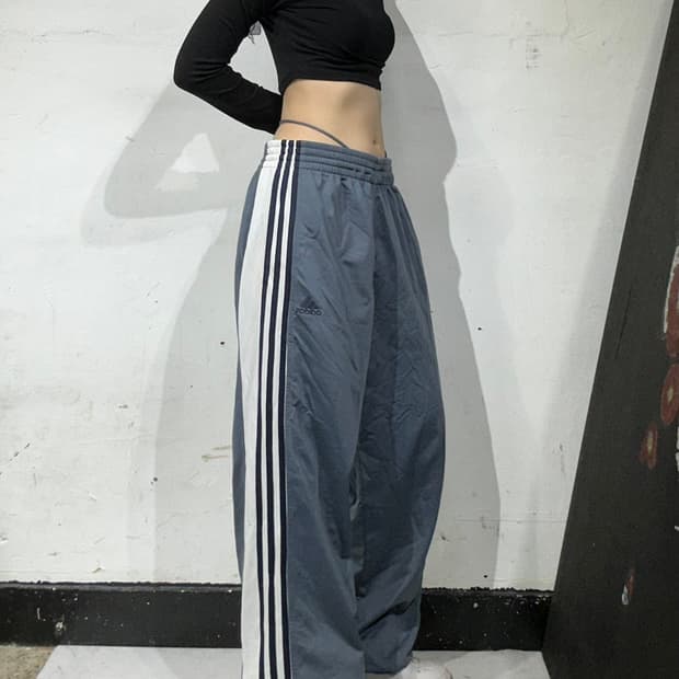 아디다스 그레이 와이드 화이트 삼선 사이드 추리닝 댄스 트레이닝 팬츠 L