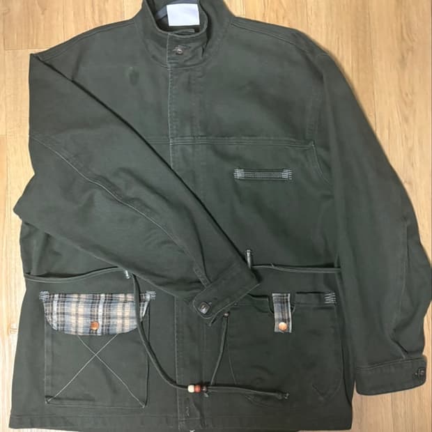 루나키후 하늘 체크 배색 워싱 코튼 자켓 (KHAKI)