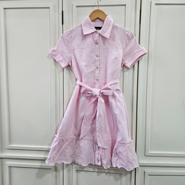 핑크 스트라이프 반팔 셔츠 원피스