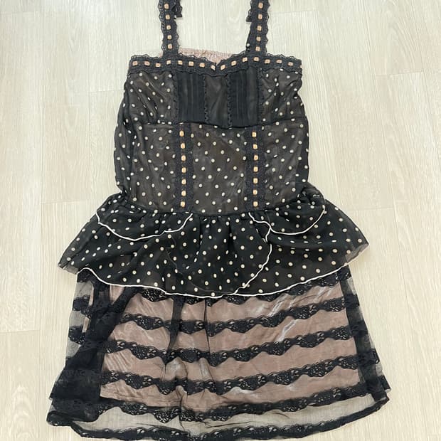 블랙 시스루 도트 슬리브리스 미니 원피스