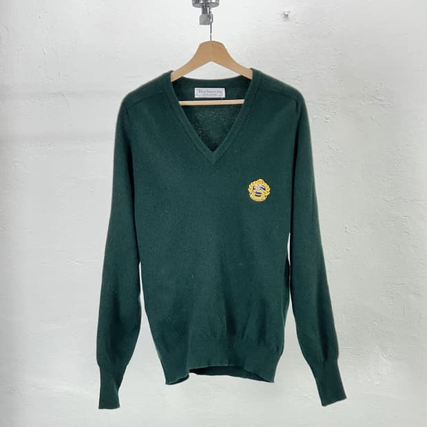 버버리 딥 그린 램스울 아카이브 브이넥 니트 스웨터