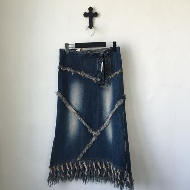 Lace up fringe denim skirt