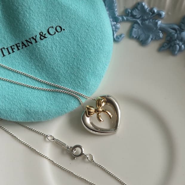 티파니앤코 골드실버 콤비 오픈하트 리본 펜던트 목걸이