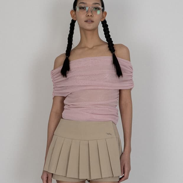 SPARKLE SHIRRING OFF-SHOULDER TOP, PINK