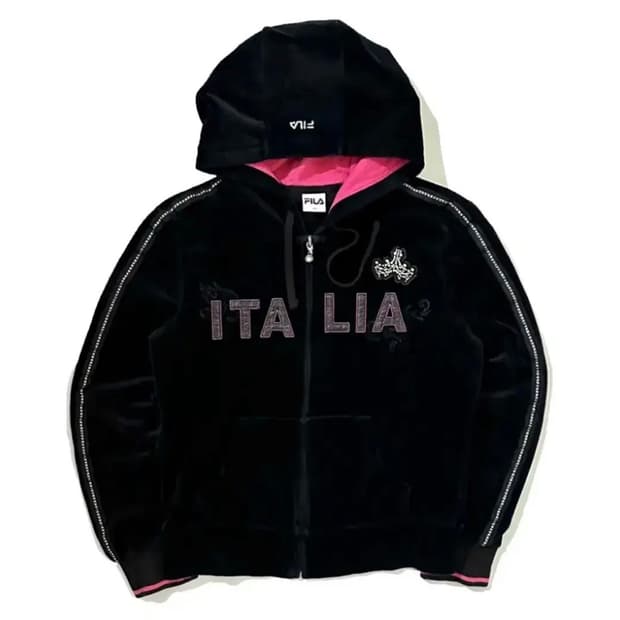 휠라 이탈리아 벨벳 큐빅 로고 후드집업 