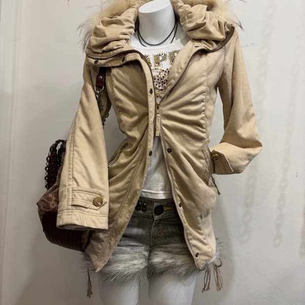 스웨이드 퍼 후드 베이지 투웨이 경량 패딩 자켓 갸루 y2k