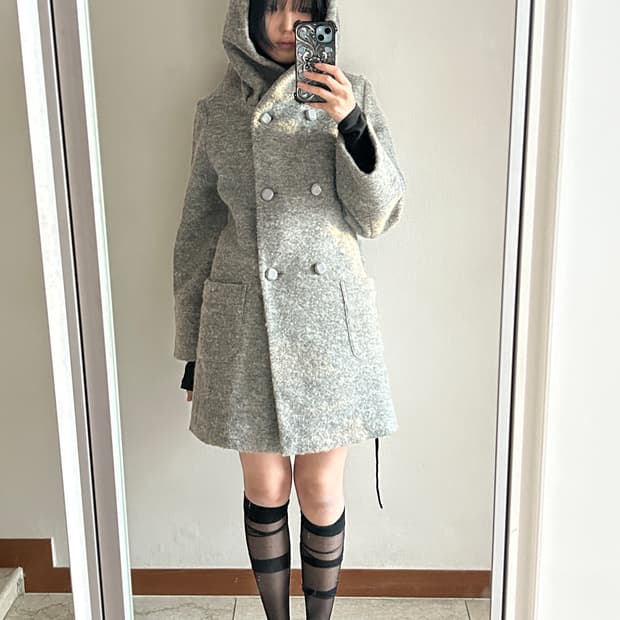 Grey Button Hooded Coat / 그레이 버튼 후드 코트