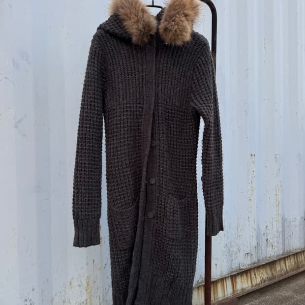 Raccoon Fur Hooded Long Knit Zip-Up