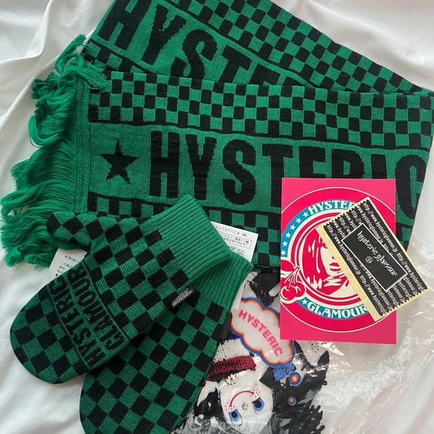 (새상품)히스테릭 글래머 아카이브 체커보드 니트 목도리 머플러 장갑 세트