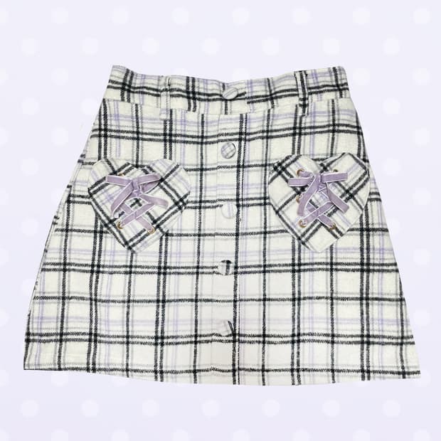 히메 러블리 빈티지 하트 포켓 리본 아일렛 체크 스커트