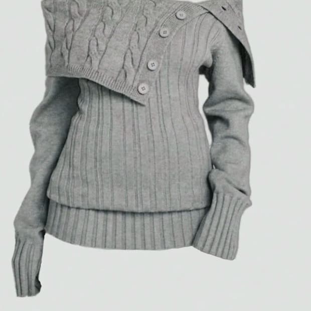 쉬인 오프숄더 버튼 니트 그레이 