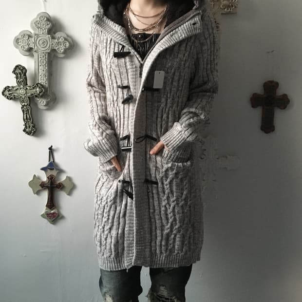 Fake fur hood duffle button knit cardiga