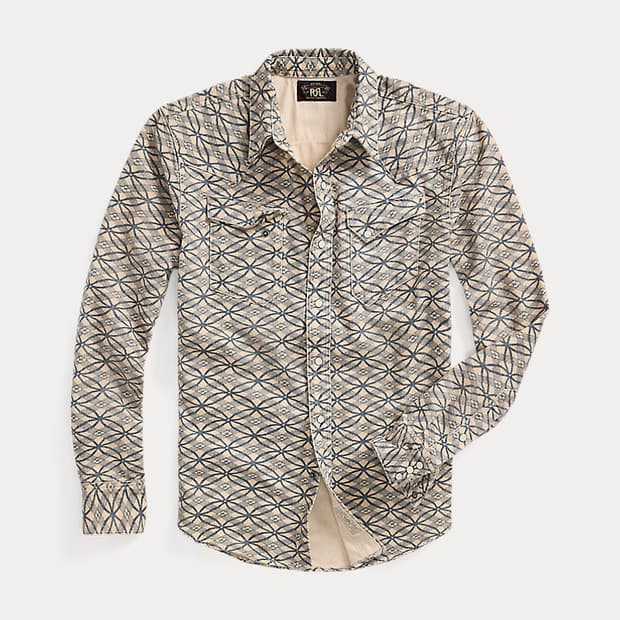 RRL 슬림 인디고 프린트 데님 웨스턴 셔츠 S