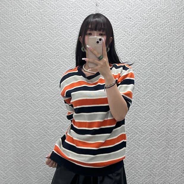 빔즈 빈티지 레트로 키치 오렌지 스트라이프 반팔 니트 L C13878