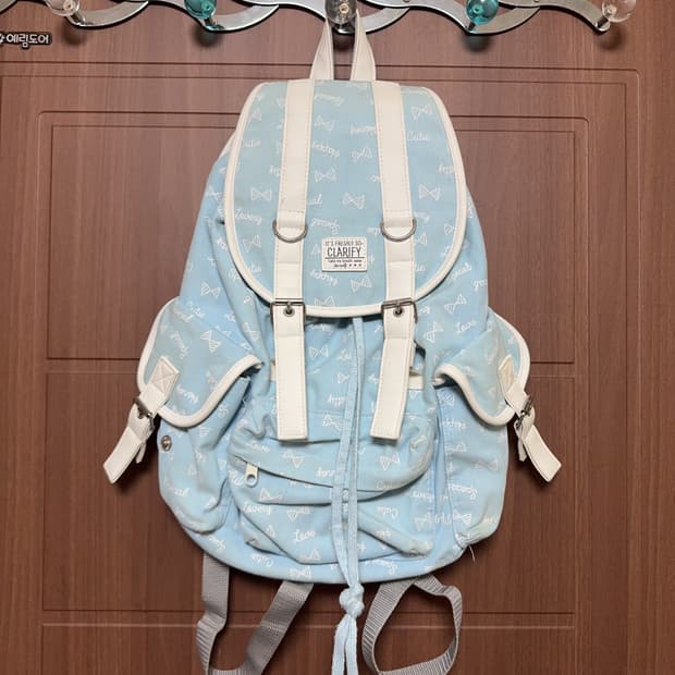 일본 빈티지 모리걸 하늘색 리본 패턴 쓰리포켓 백팩 모리 가방