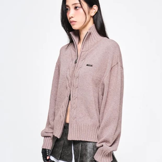 LEEY YEEL CABLE KNIT METAL LOGO ZIP-UP