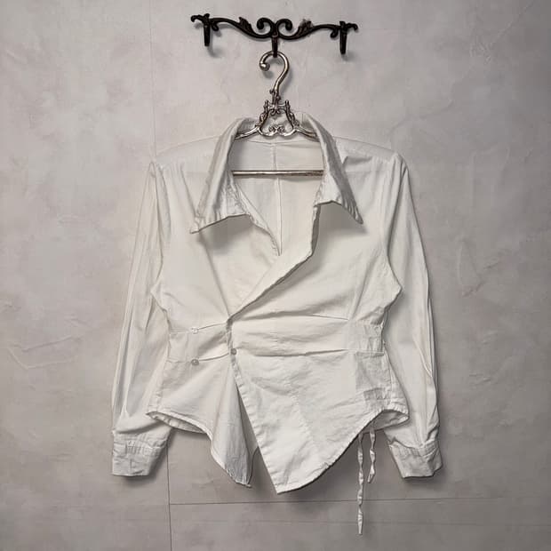 White pin tuck unbalanced wrap shirt