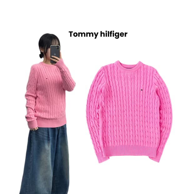 타미힐피거 딸기우유맛 핑크 꽈배기 니트