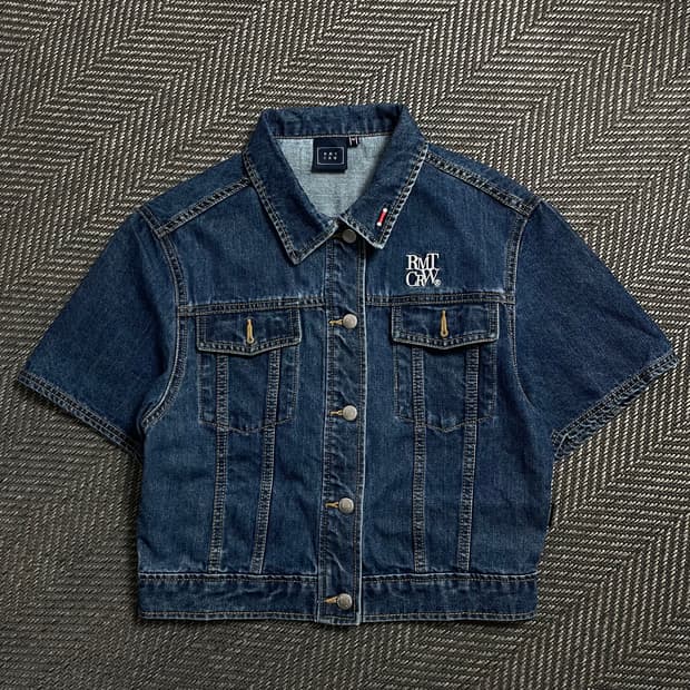 로맨틱 크라운 자수로고 워싱 데님 크롭 반팔 트러커 자켓o 4949