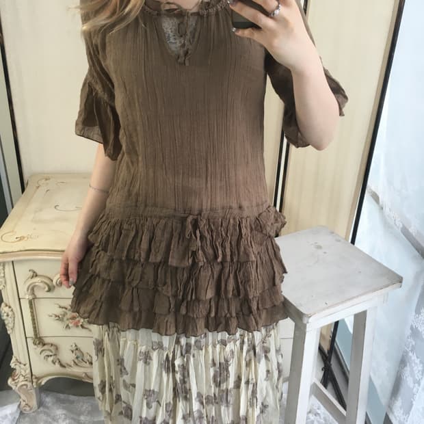 빈티지 모리 브라운 쉬폰 레이어드 캉캉 원피스