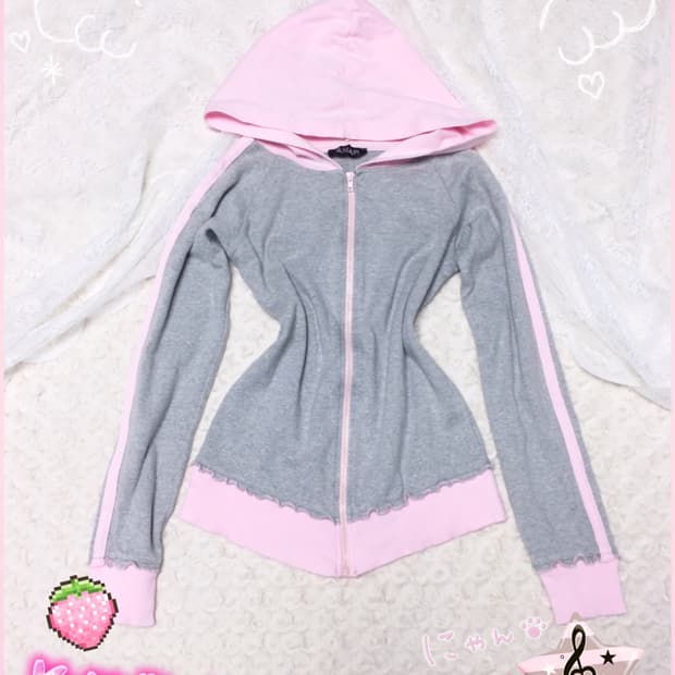 빈티지 핑크그레이 배색 후드집업