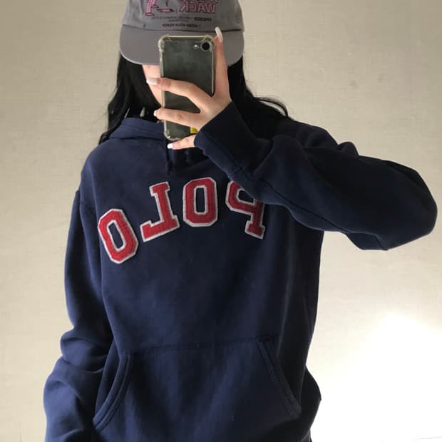 폴로 네이비 빅로고 후드티