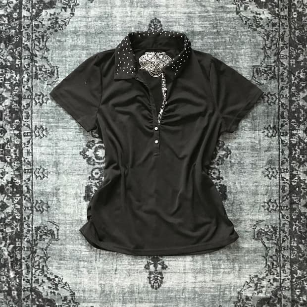 블랙 레오파드 스터드 셔링 카라 반팔