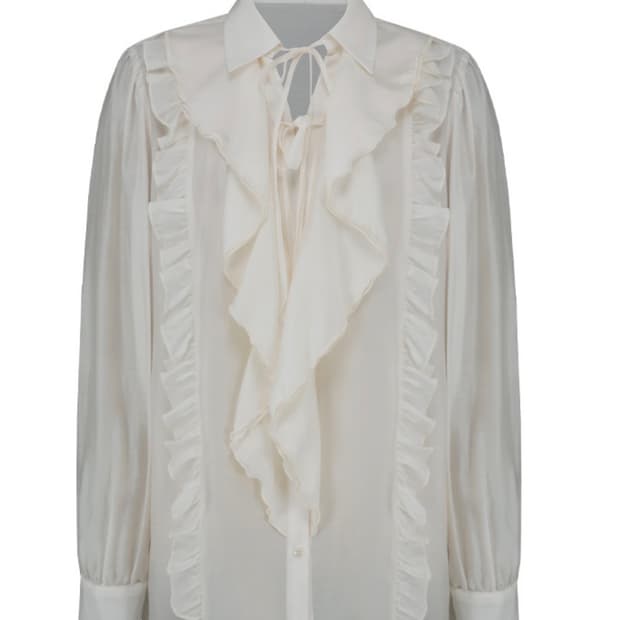 살롱드서울 러플 리본 디테일 셔링 페미닌 타이 블라우스 아이보리