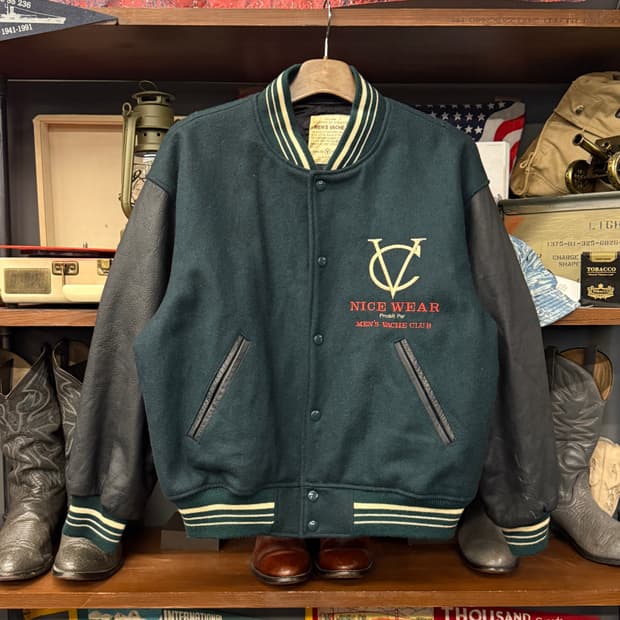 90s 맨즈 바슈 클럽 엠브로이드 울 레더 바시티 자켓 딥그린 N856 