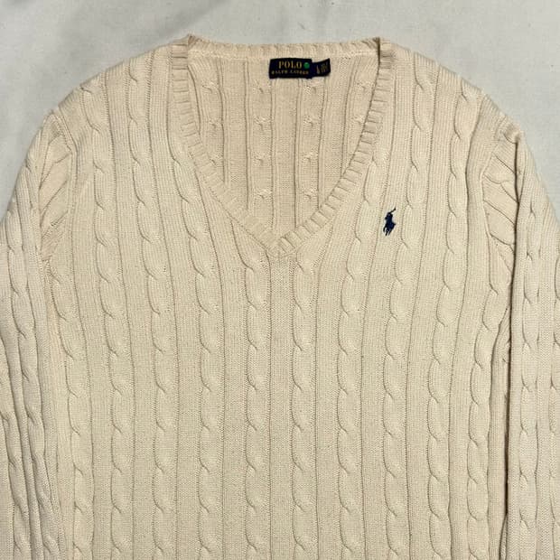 L 폴로랄프로렌 아이보리 브이넥 케이블 니트