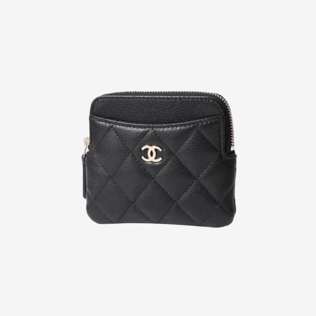 샤넬 클래식 지퍼 코인 카드 홀더 그레인드 샤이니 카프스킨 & 골드 메탈