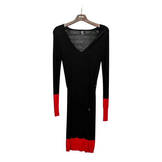 알렉산더 맥퀸 니트 원피스 브이넥 컬러 블럭 벨티드 디테일 블랙 레드