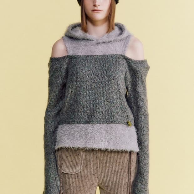 데비어퍼 컷아웃 니트 후드 그레이