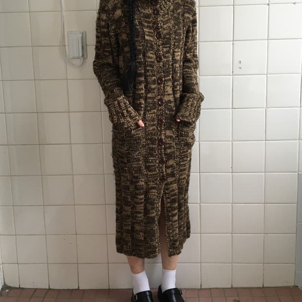 Belted high neck long knit cardigan