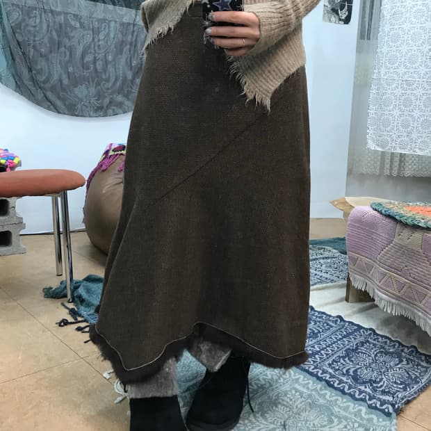 빈티지 여성 모직 퍼 언발 디테일 스커트 