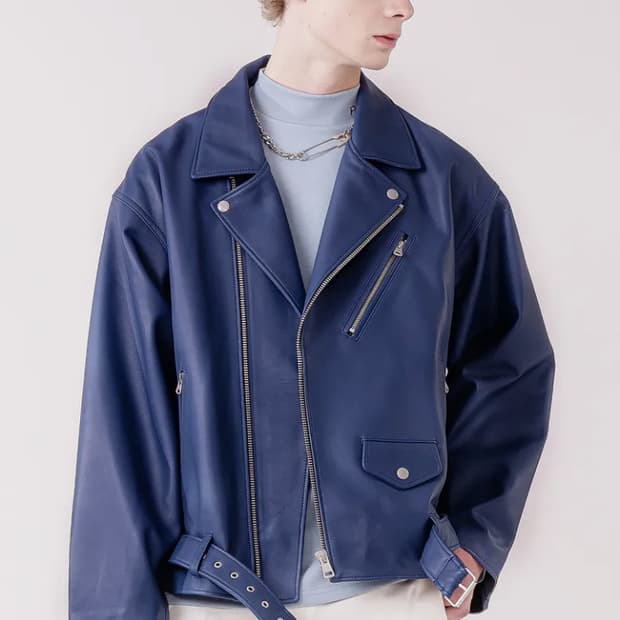 FLASK 양가죽 슈퍼 오버핏 라이더 자켓 블루 가죽자켓
