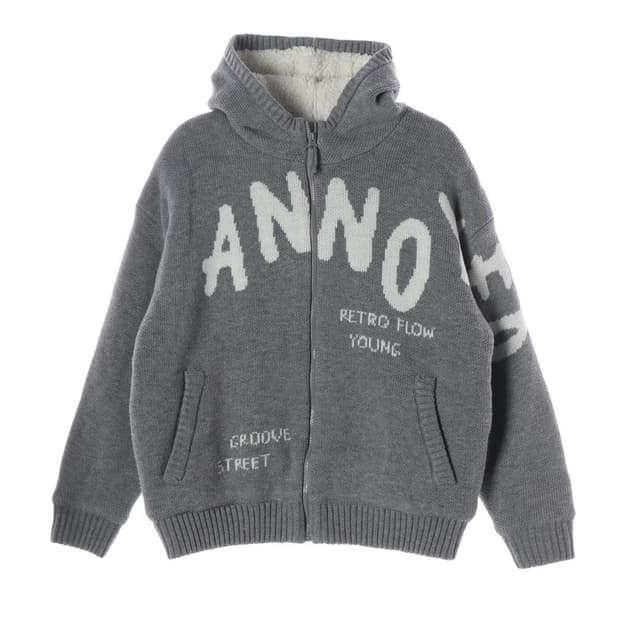 어노이드 그레이 레터링 양털 니트 집업 L