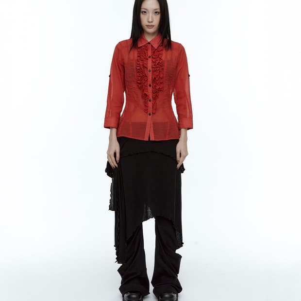 러프넥 프릴 시어 셔츠 레드