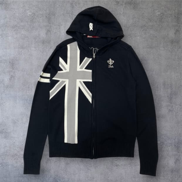 에스크 ASK 블랙 y2k 유니언잭 니트 후드집업 M