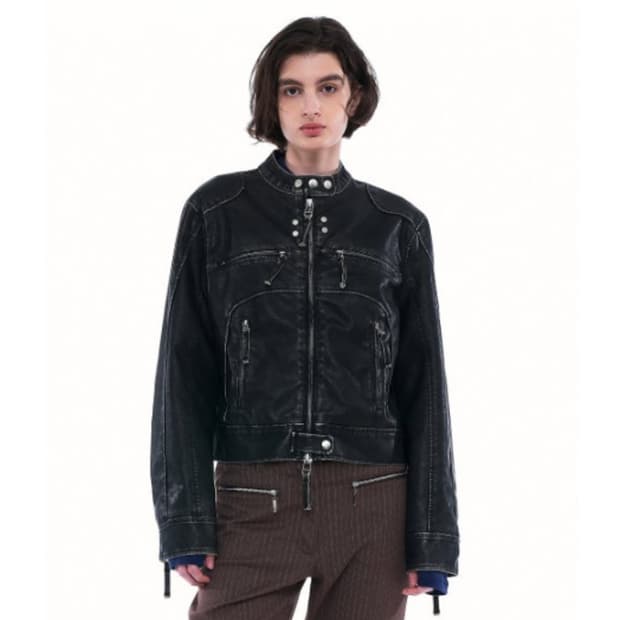 파르티멘토 워시드 레더 바이크 자켓 블랙 M