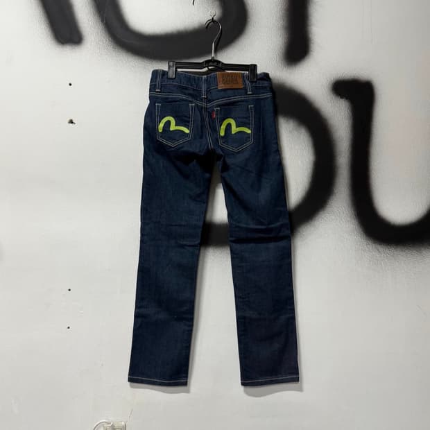 Evisu 에비수 백 포켓 로고 프린팅 스트레이트 진청 데님팬츠