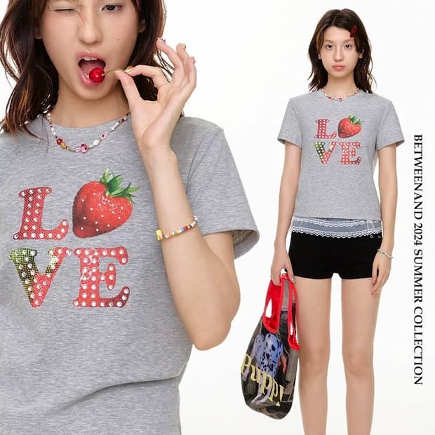 딸기 러브 비즈 반팔티셔츠